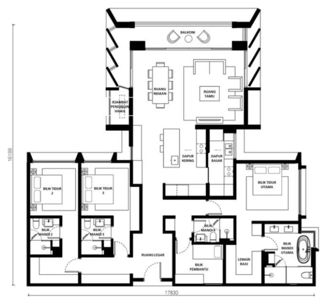The Lume, Andaman Island, Penang: Type B floor plan, 3 bed 4 bath + helper's room, 2,164 sq ft