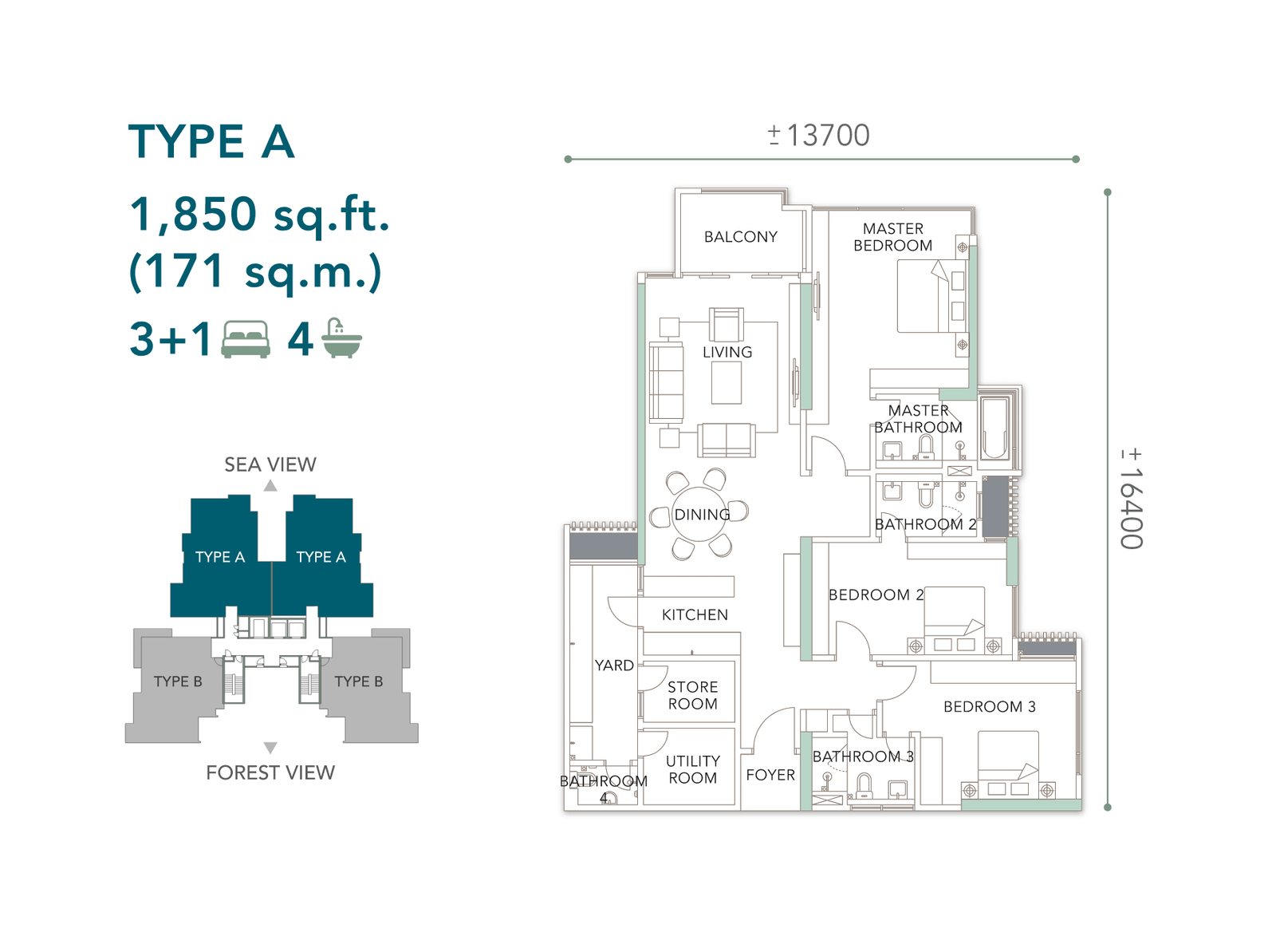 The Marin, Batu Ferringhi, Penang: Type A floor plan, 3+1 bed 4 bath, sea-view side, 1,850 sq ft