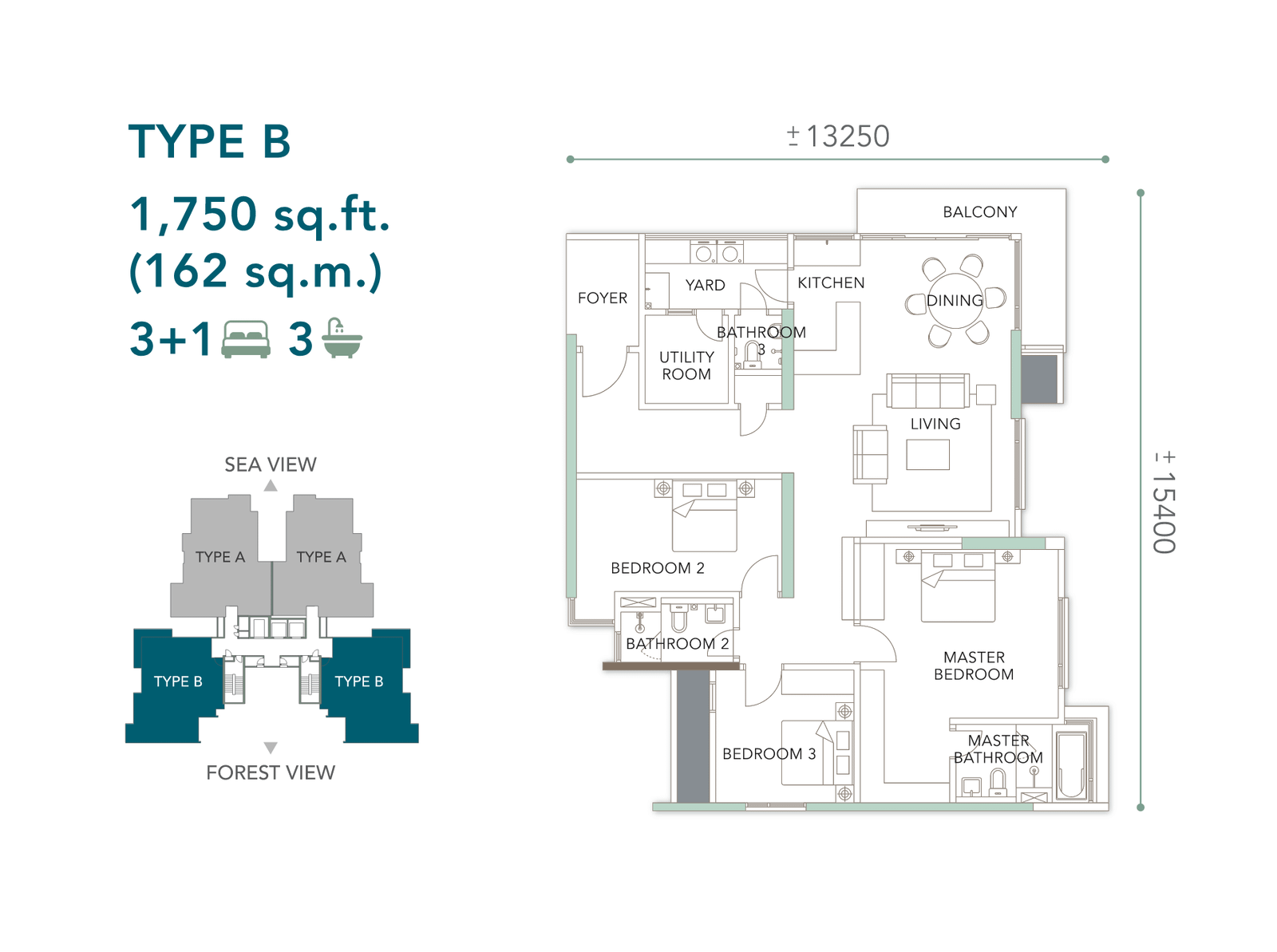 The Marin, Batu Ferringhi, Penang: Type B floor plan, 3+1 bed 3 bath, forest-view side, 1,750 sq ft