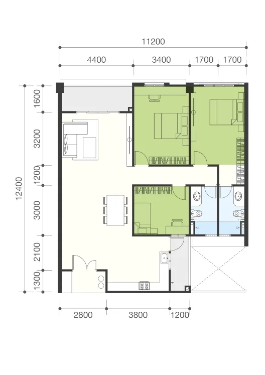 The Navens, Bukit Mertajam: Type B floor plan, 3 bedrooms, 1,370 sq ft