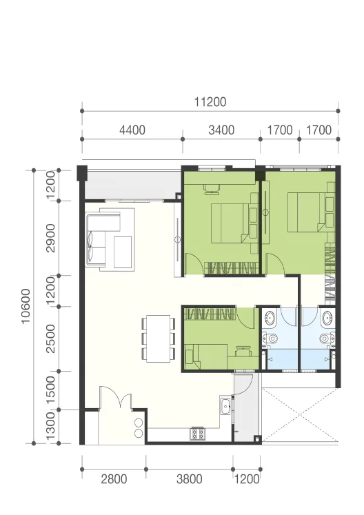 The Navens, Bukit Mertajam: Type C floor plan, 3 bedrooms, 1,175 sq ft