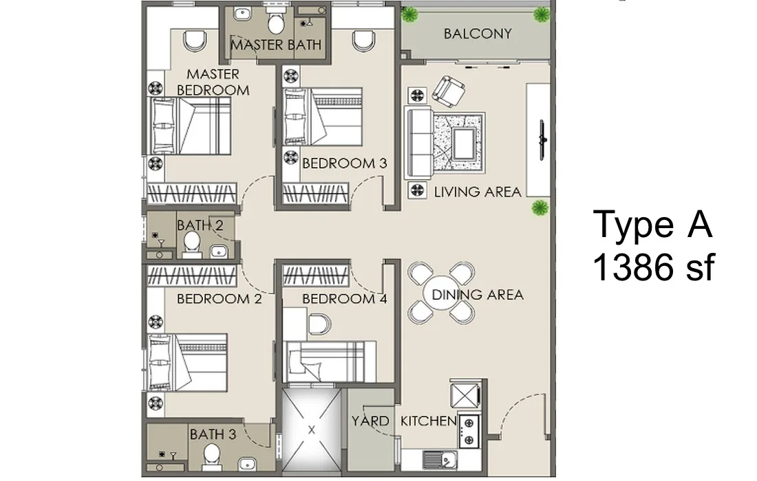 The Paradigm Suites, Seberang Jaya: Type A/A1 floor plan, 1,385 sq ft