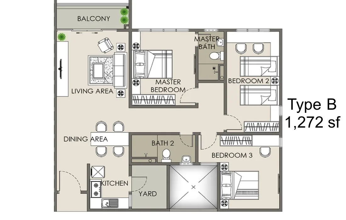 The Paradigm Suites, Seberang Jaya: Type B floor plan, 1,271 sq ft