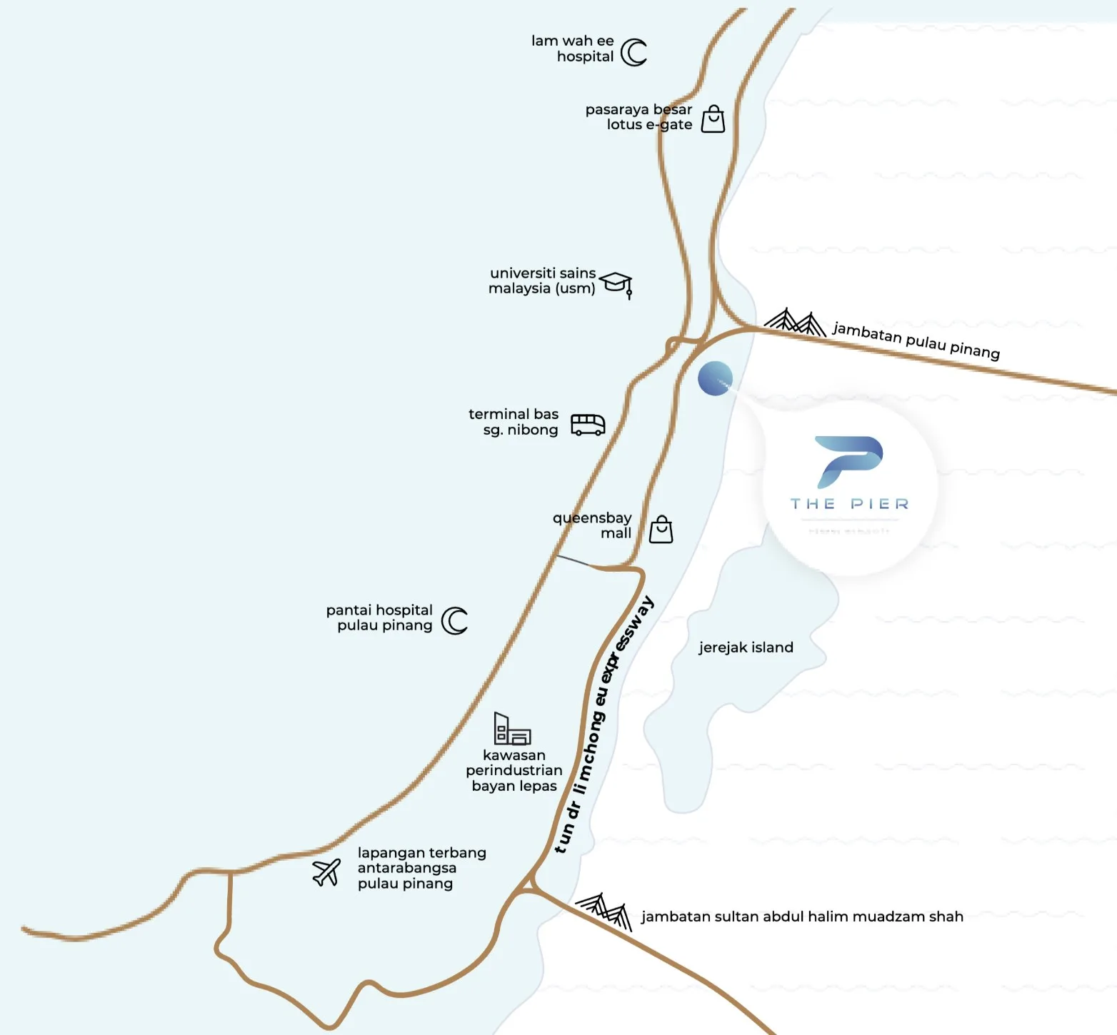 The Pier, Penang World City, Bayan Lepas: location map with the expressway, both Penang bridges, Queensbay Mall and the airport