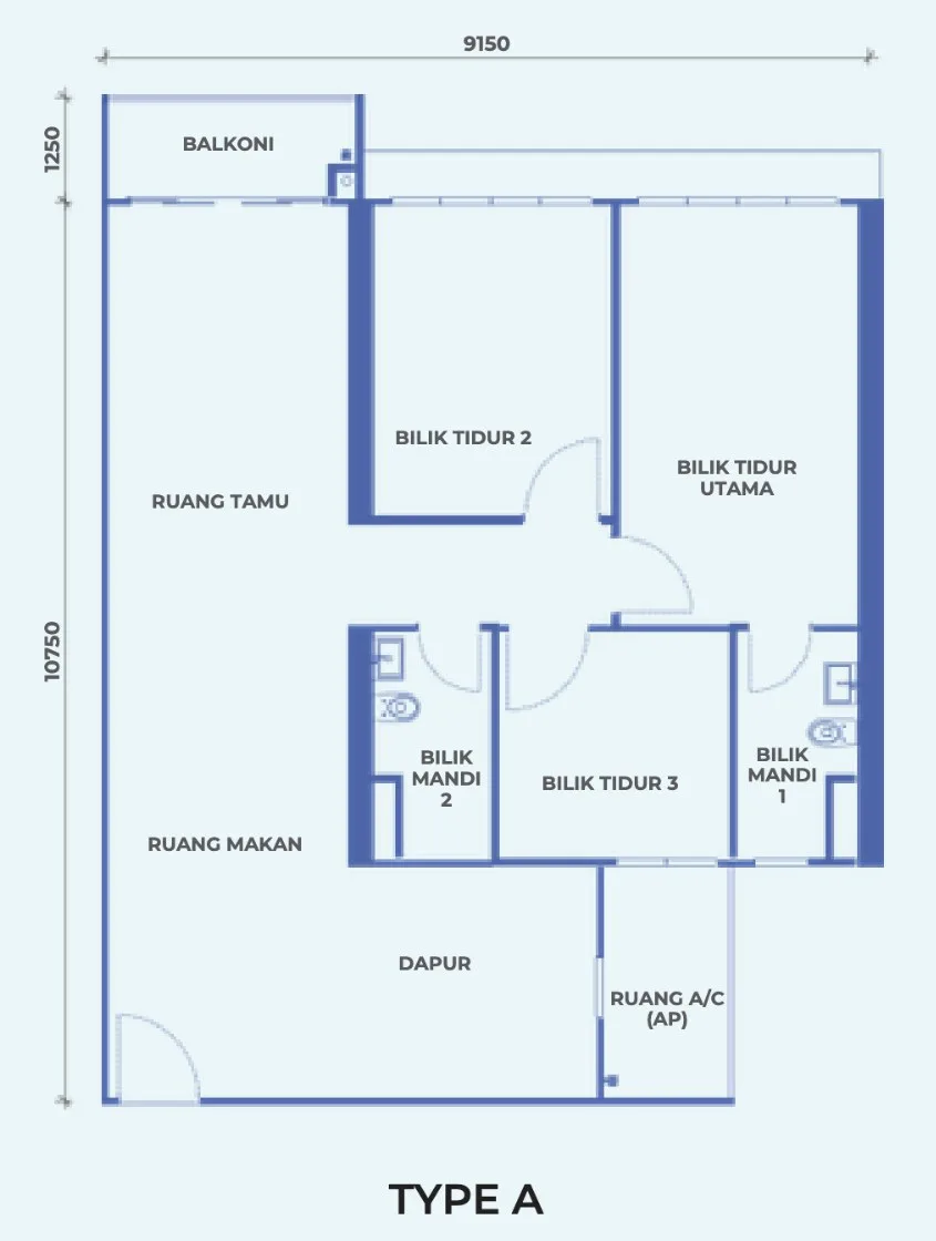 The Pier, Penang World City, Bayan Lepas: Type A floor plan, 3 bed 2 bath (Tower A), 1,012 sq ft