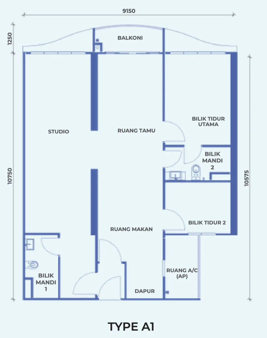 The Pier, Penang World City, Bayan Lepas: Type A1 floor plan, dual-key: studio + 2 bed, 2 bath (Tower B), 1,001 sq ft