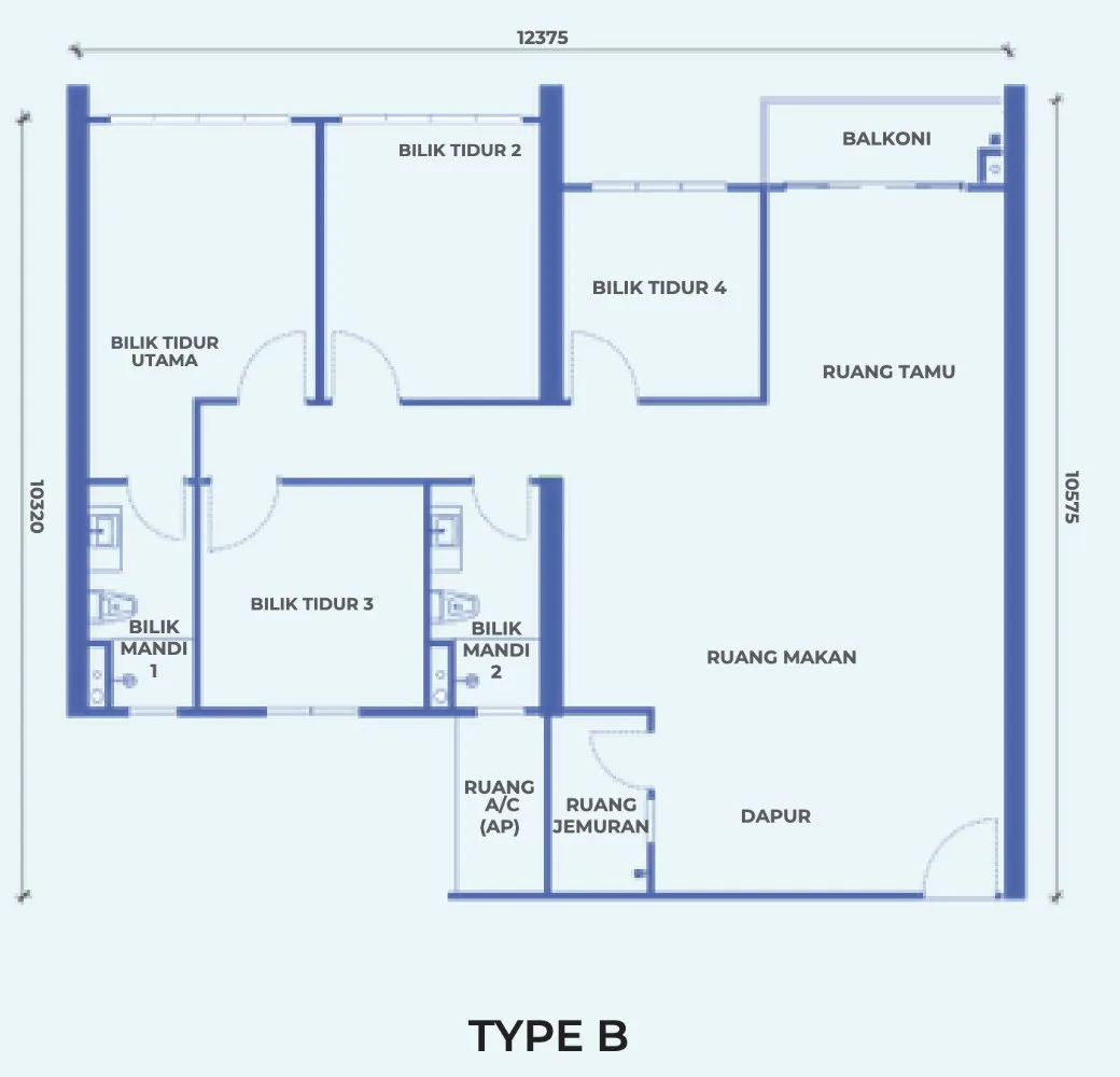 The Pier, Penang World City, Bayan Lepas: Type B floor plan, 4 bed 2 bath (Tower B), 1,195 sq ft