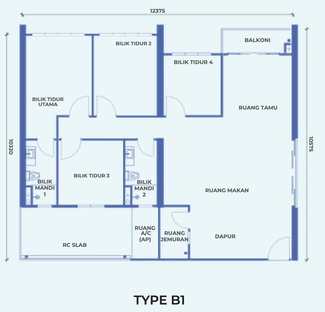 The Pier, Penang World City, Bayan Lepas: Type B1 floor plan, 4 bed 2 bath (Tower B), 1,195 sq ft