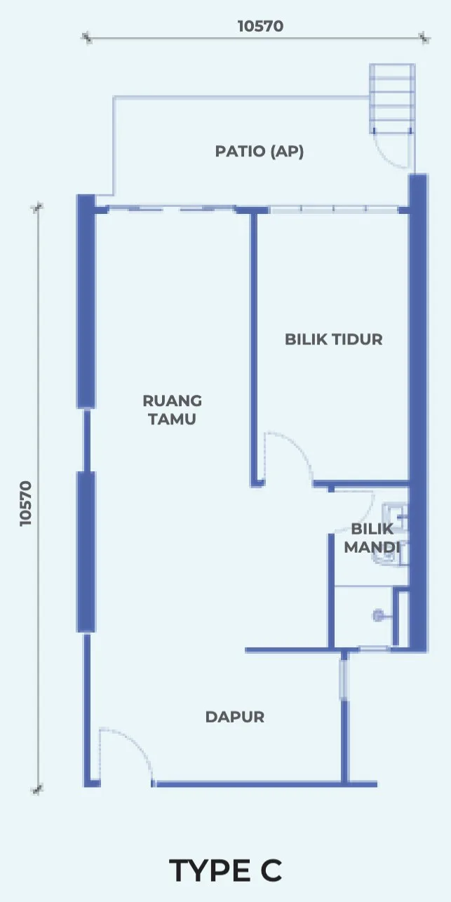 The Pier, Penang World City, Bayan Lepas: Type C floor plan, 1 bed 1 bath with patio, 657 sq ft