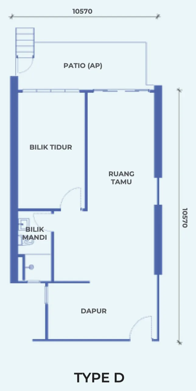 The Pier, Penang World City, Bayan Lepas: Type D floor plan, 1 bed 1 bath with patio, 657 sq ft