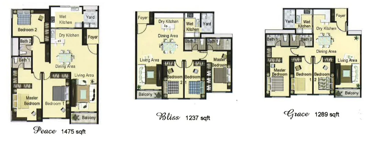 The Retreat Condominium, Bukit Mertajam: floor plans for Peace (1,475 sq ft), Bliss (1,237 sq ft) and Grace (1,289 sq ft), 3 bedrooms each
