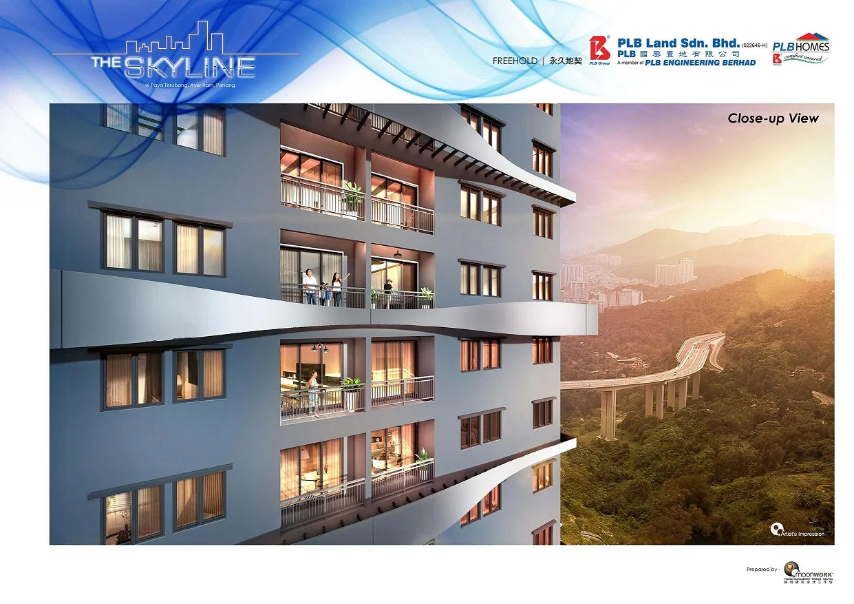 The Skyline, Paya Terubong: close-up of the facade and balconies, artist's impression