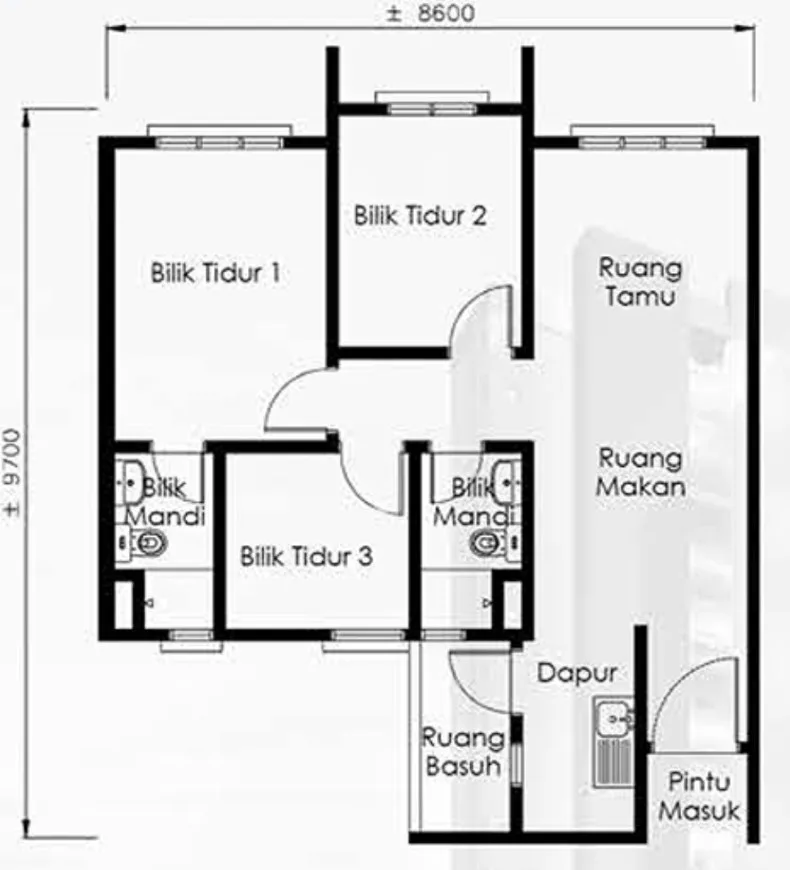 The Skyline, Paya Terubong: Type A floor plan, 3 bed 2 bath, 750 sq ft