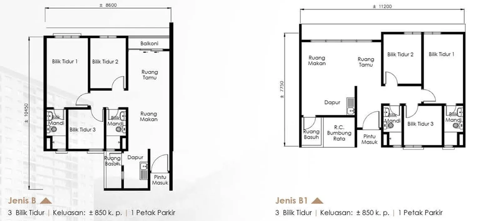 The Skyline, Paya Terubong: Type B and B1 floor plan, 3 bed 2 bath, 850 sq ft