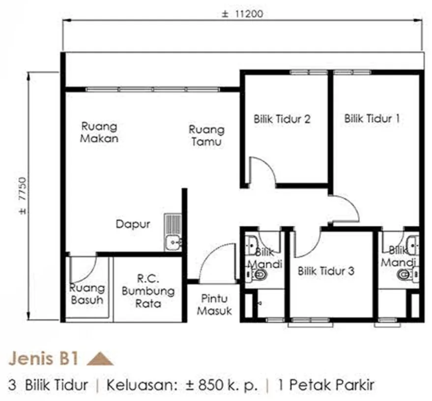 The Skyline, Paya Terubong: Type B1 floor plan, 3 bed 2 bath, 850 sq ft