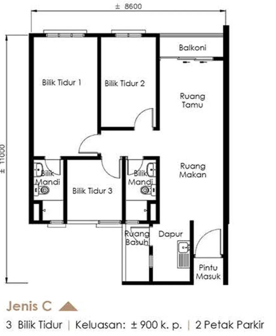 The Skyline, Paya Terubong: Type C floor plan, 3 bed 2 bath, 900 sq ft