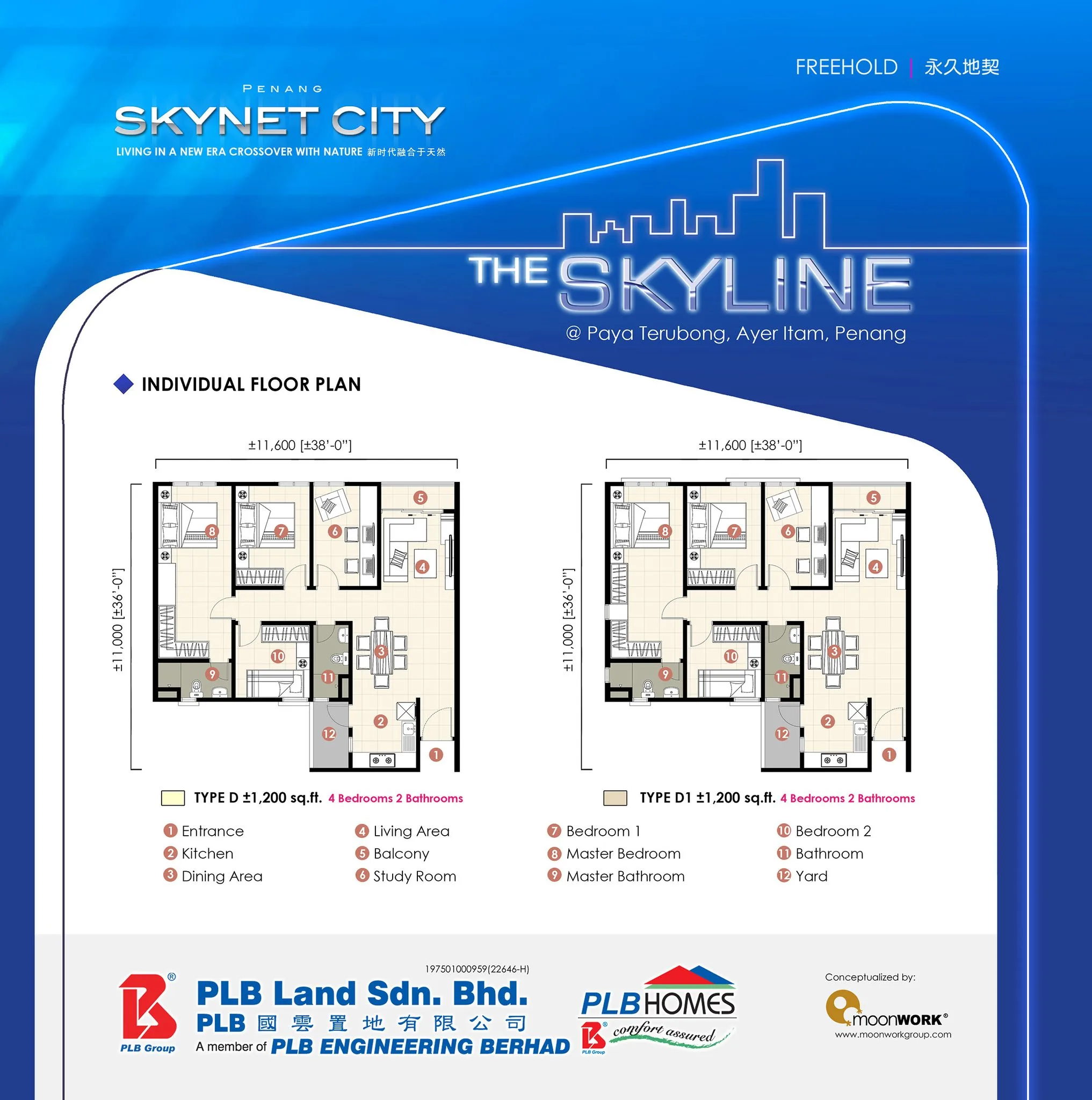 The Skyline, Paya Terubong: Type D and D1 floor plan, 4 bed (1 study) 2 bath, 1,200 sq ft