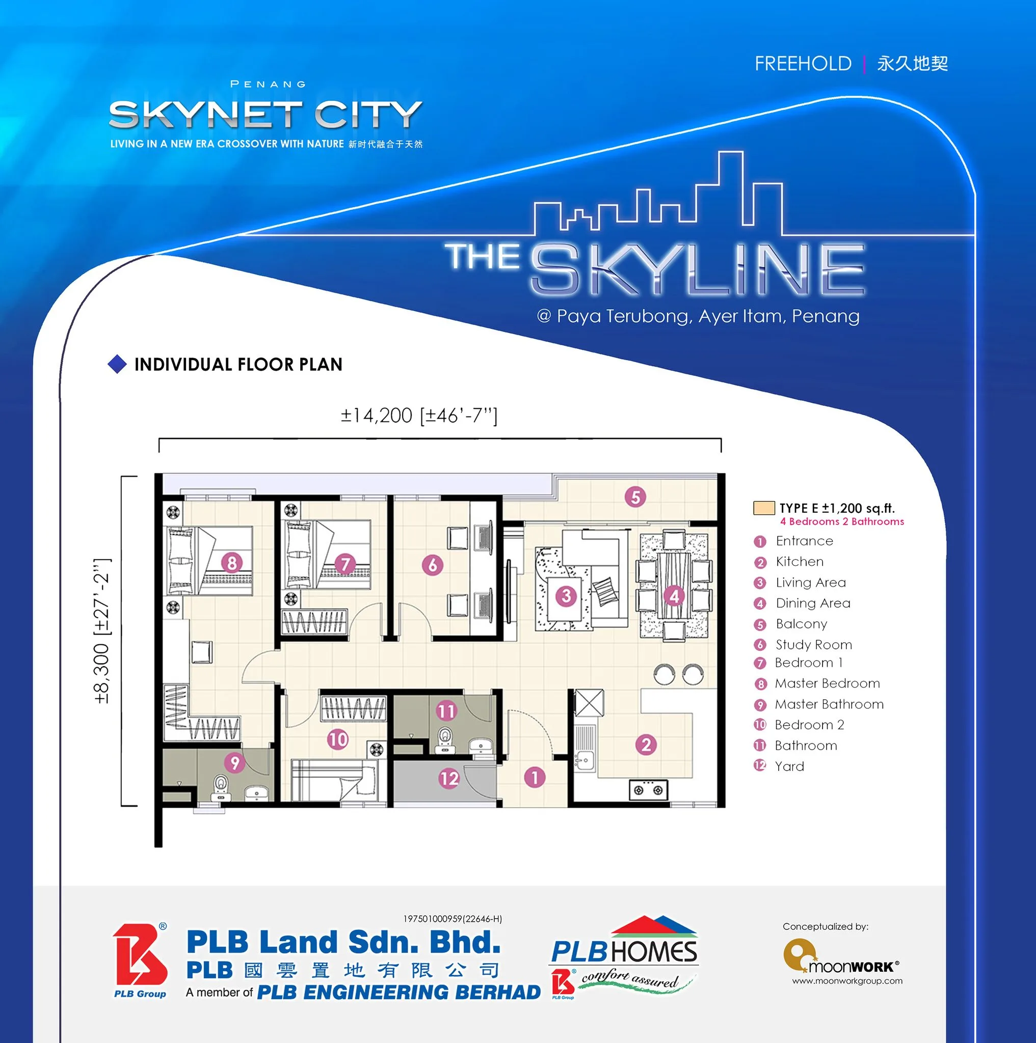 The Skyline, Paya Terubong: Type E floor plan, 4 bed (1 study) 2 bath, 1,200 sq ft