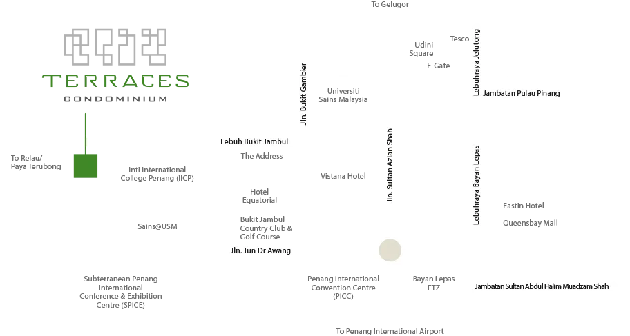 The Terraces, Bukit Jambul: location map with Lebuh Bukit Jambul and roads to Bayan Lepas