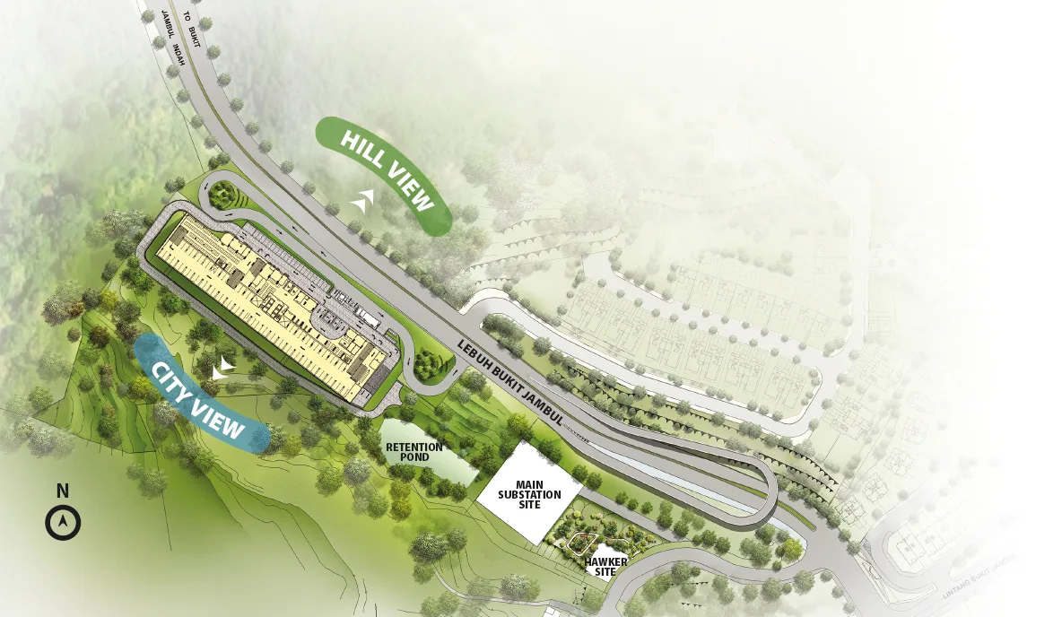 The Terraces, Bukit Jambul: master plan showing the hill-view and city-view sides