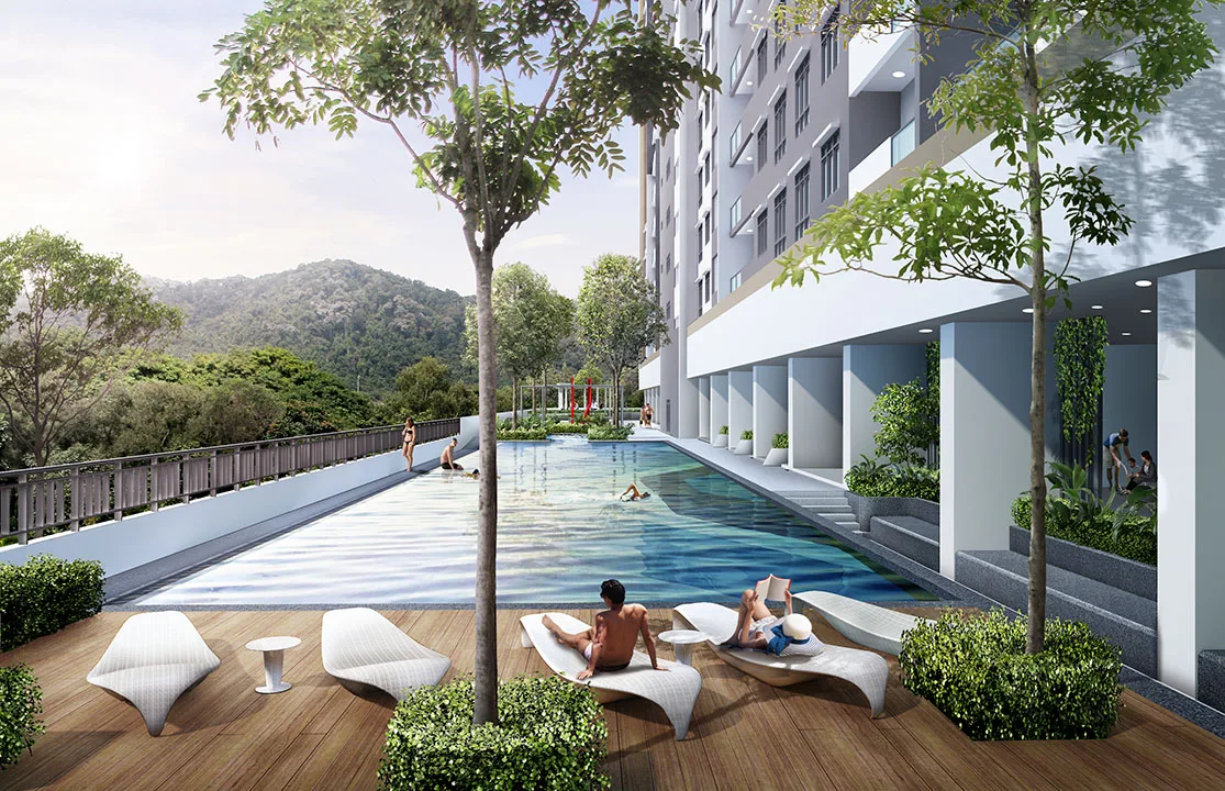 The Terraces, Bukit Jambul: swimming pool on the facilities deck (artist's impression)