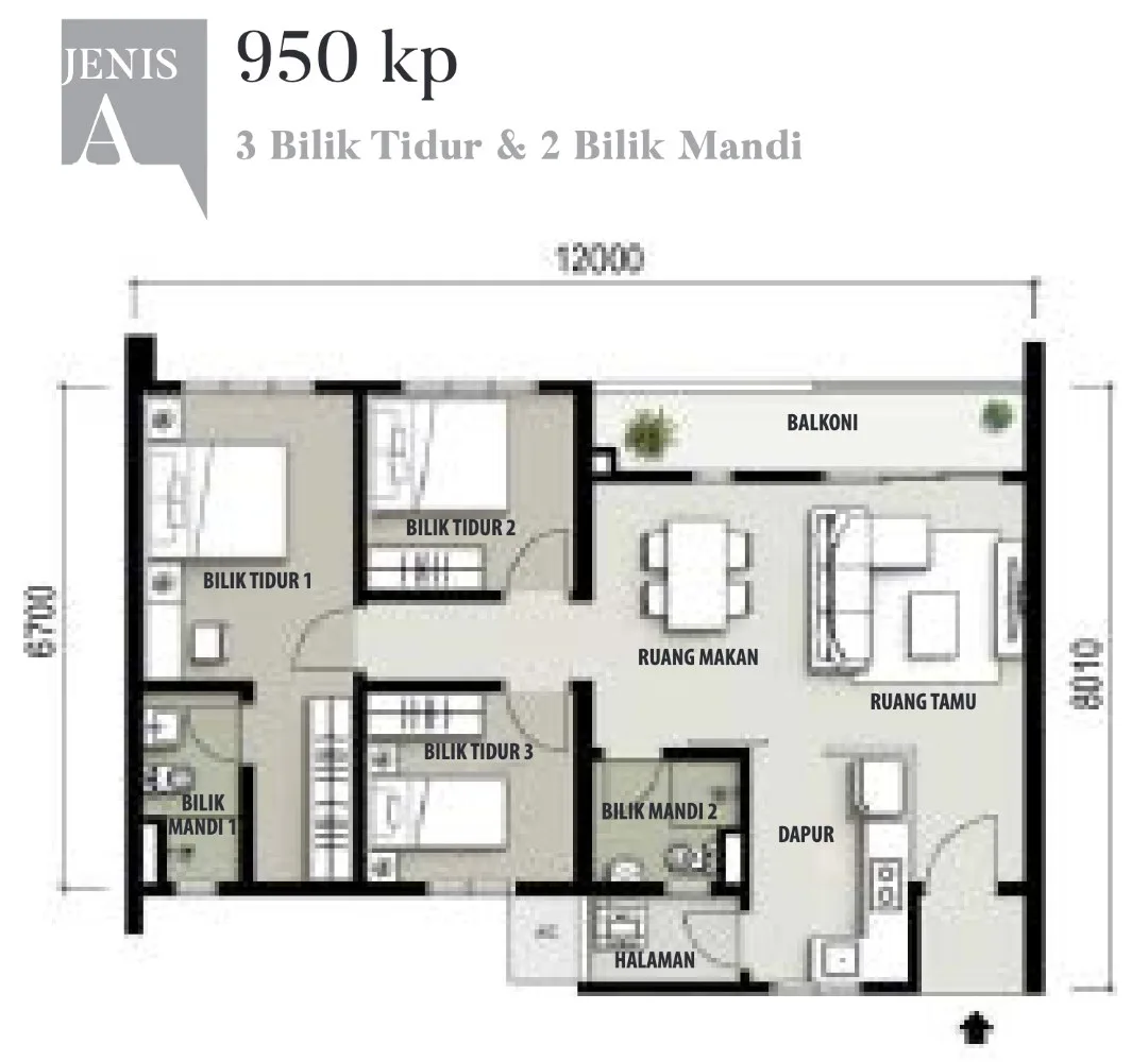 The Terraces, Bukit Jambul: Type A floor plan, 3 bed 2 bath, 950 sq ft