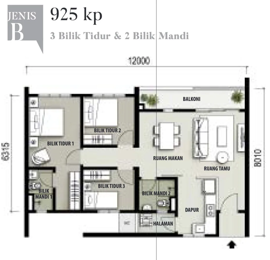 The Terraces, Bukit Jambul: Type B floor plan, 3 bed 2 bath, 925 sq ft