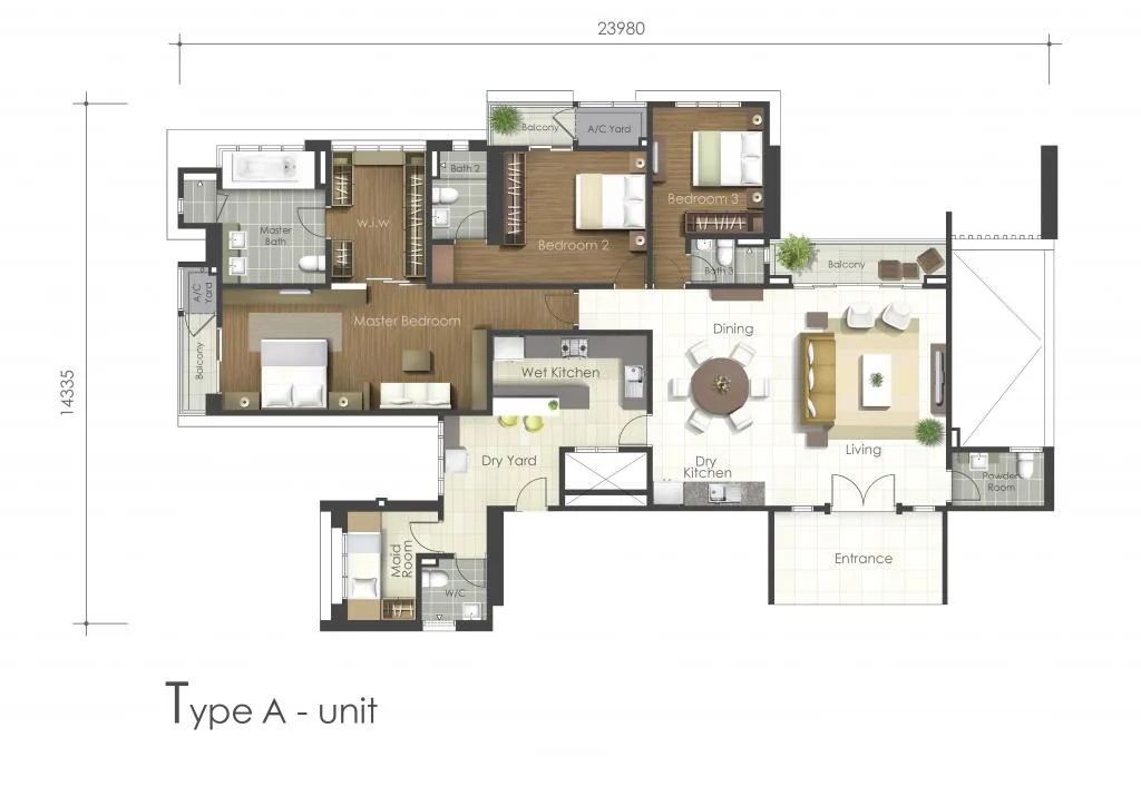 Valencia Residence, Teluk Kumbar: Type A floor plan, 3 bed (all en-suite) + maid's room, 2,110 sq ft
