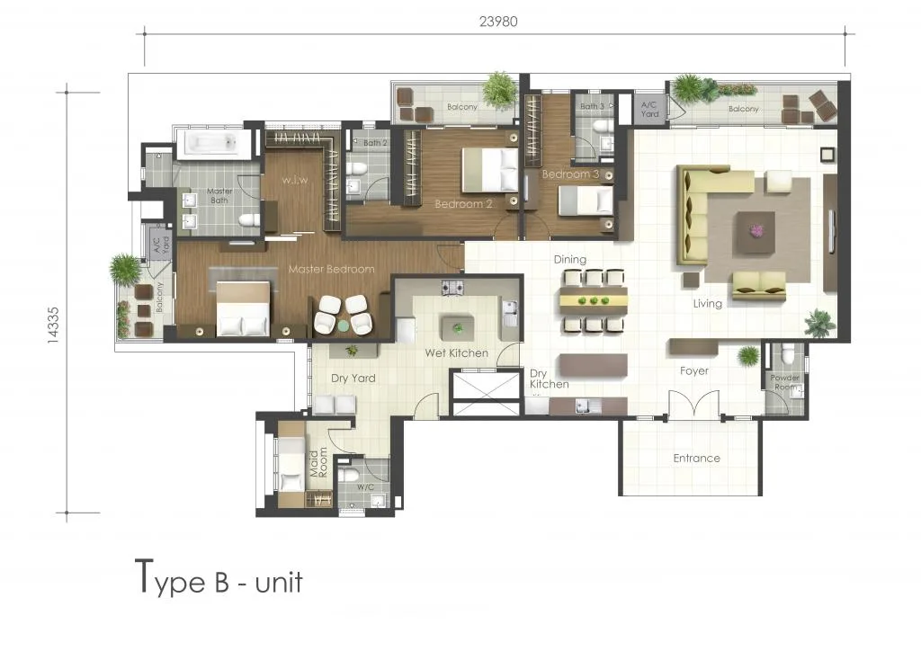 Valencia Residence, Teluk Kumbar: Type B floor plan, 3 bed (all en-suite) + maid's room, 2,670 sq ft