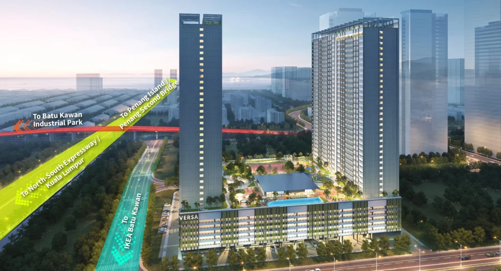 Versa, Aspen Vision City, Batu Kawan: aerial artist's impression of the two towers above the podium