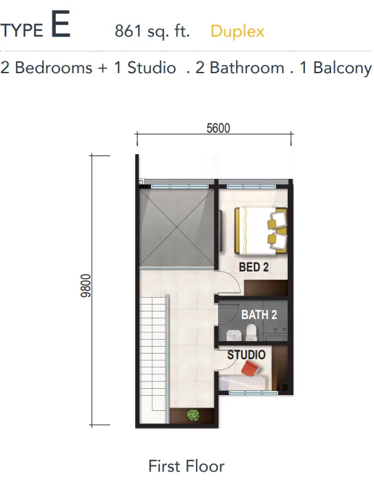 Verte Medini Type E loft duplex floor plan, 861 sq ft