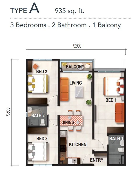 Verte Medini Type A dual-key floor plan, 935 sq ft