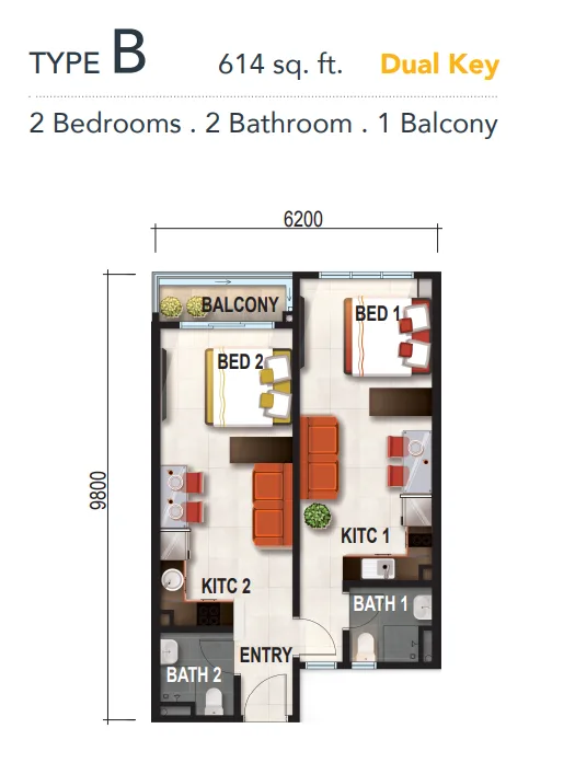 Verte Medini Type B dual-key floor plan, 614 sq ft