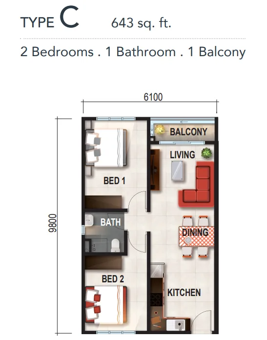 Verte Medini Type C floor plan, 643 sq ft
