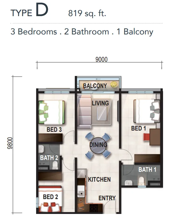 Verte Medini Type D floor plan, 819 sq ft
