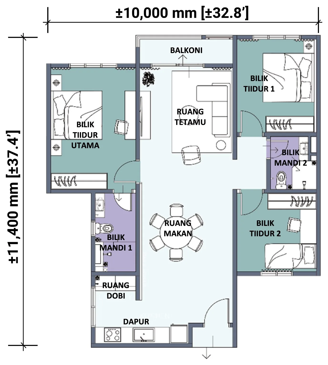 Vi Residence, Batu Kawan: Type A floor plan, 3 bedrooms, 1,000 sq ft