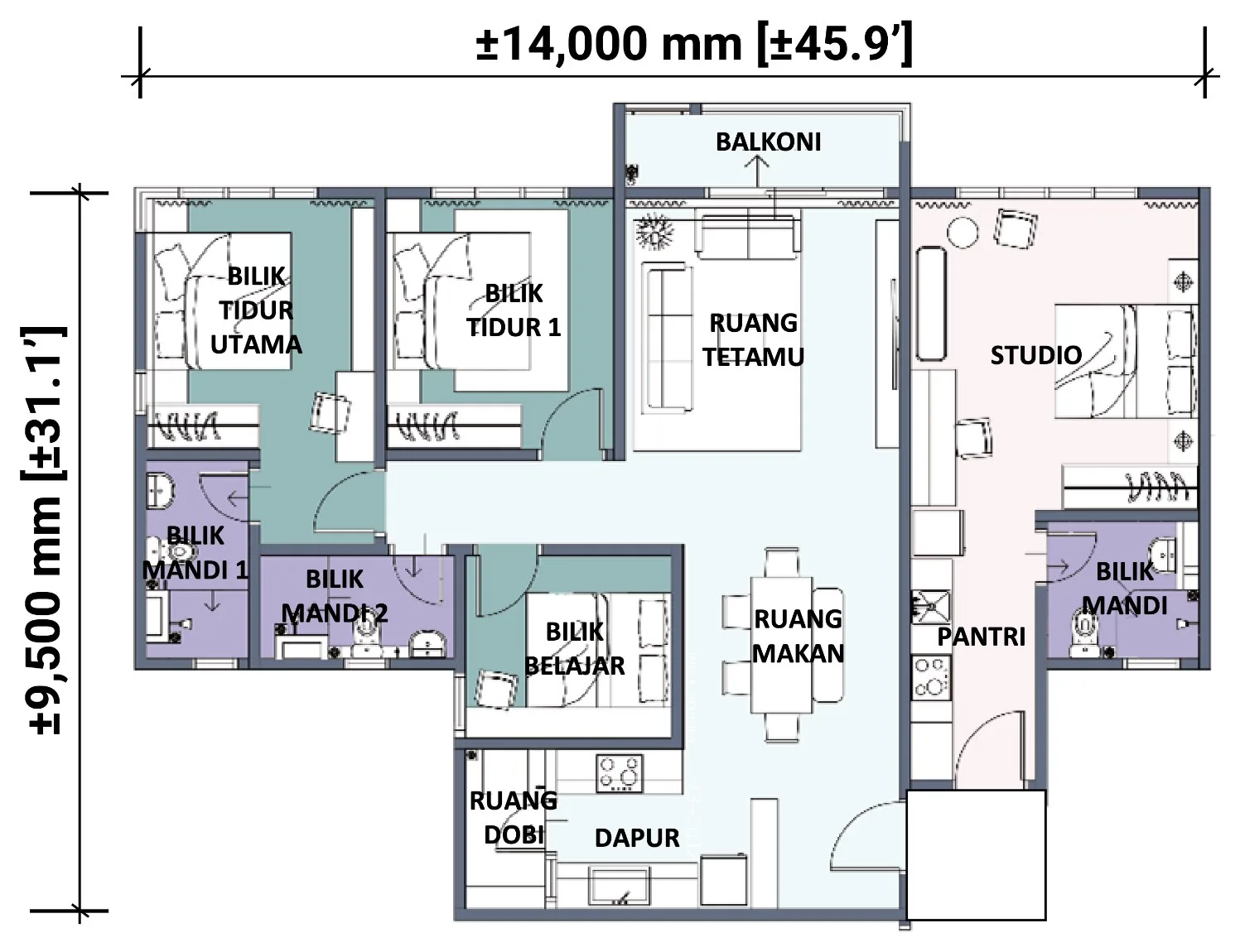 Vi Residence, Batu Kawan: Type B floor plan, 2 bedrooms, study and self-contained studio, 1,250 sq ft