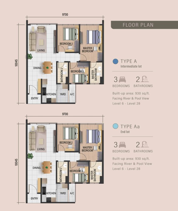 Waterway Peaks floor plan Type A and Aa, 3 bedrooms, 930 sq ft