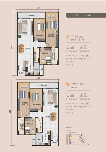 Waterway Peaks floor plan Type A2 and A2a, 3 bedrooms, 1,426 sq ft