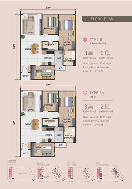Waterway Peaks floor plan Type B and Ba, 3 bedrooms, 1,098 sq ft