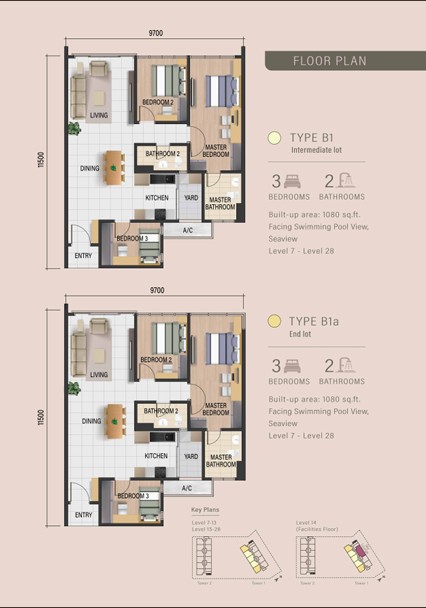 Waterway Peaks floor plan Type B1 and B1a, 3 bedrooms, 1,080 sq ft
