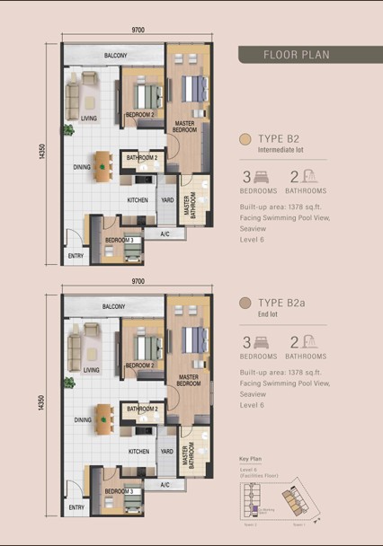 Waterway Peaks floor plan Type B2 and B2a, 3 bedrooms, 1,378 sq ft