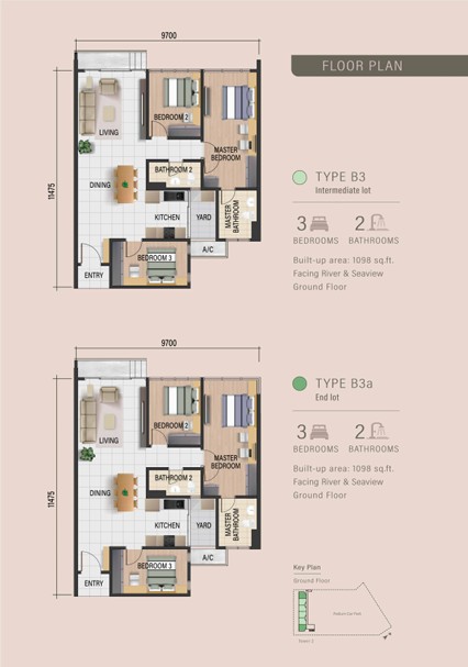 Waterway Peaks floor plan Type B3 and B3a, 3 bedrooms, 1,098 sq ft, ground floor